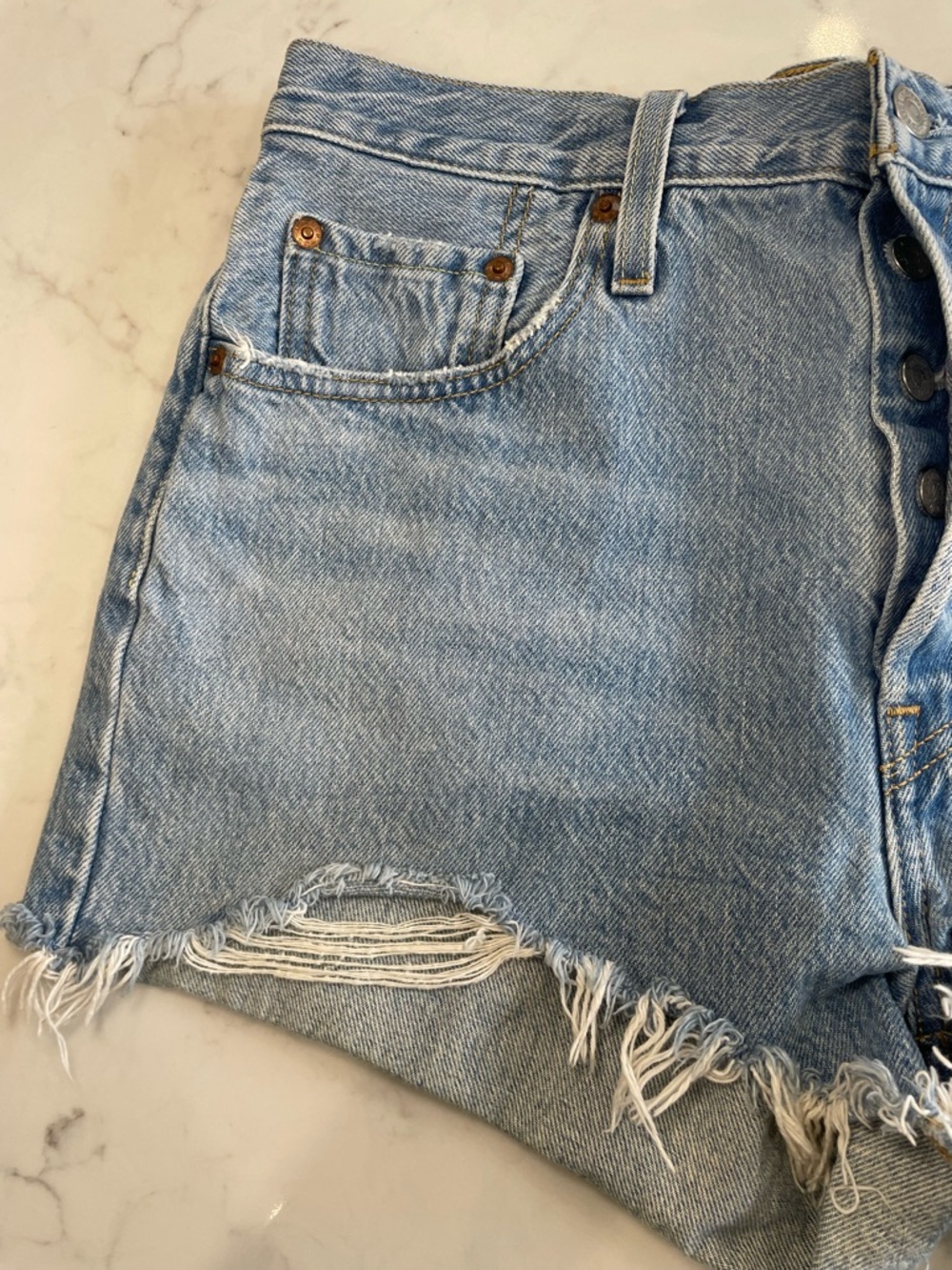 Levi's 501 button front Light Blue Distressed Denim Cutoff Shorts - Picture 3 of 11
